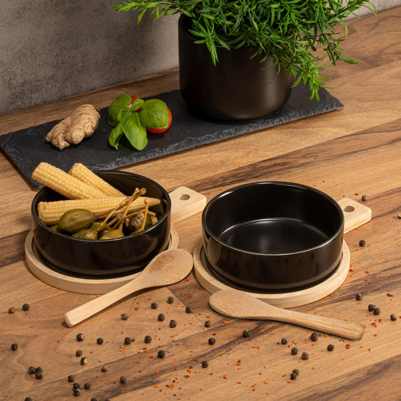 Bambus Träger mit 2 Keramik Schalen schwarz