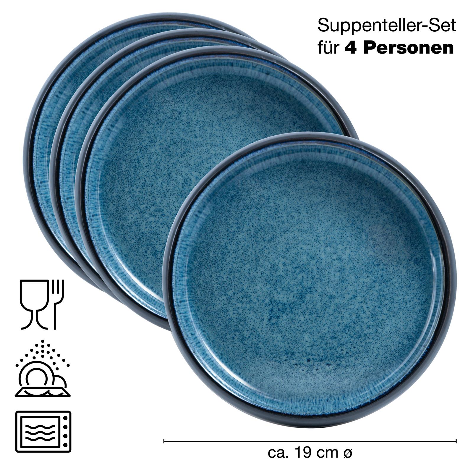 SOLID 4x Suppen Teller blau Geschirr Set Reaktiv