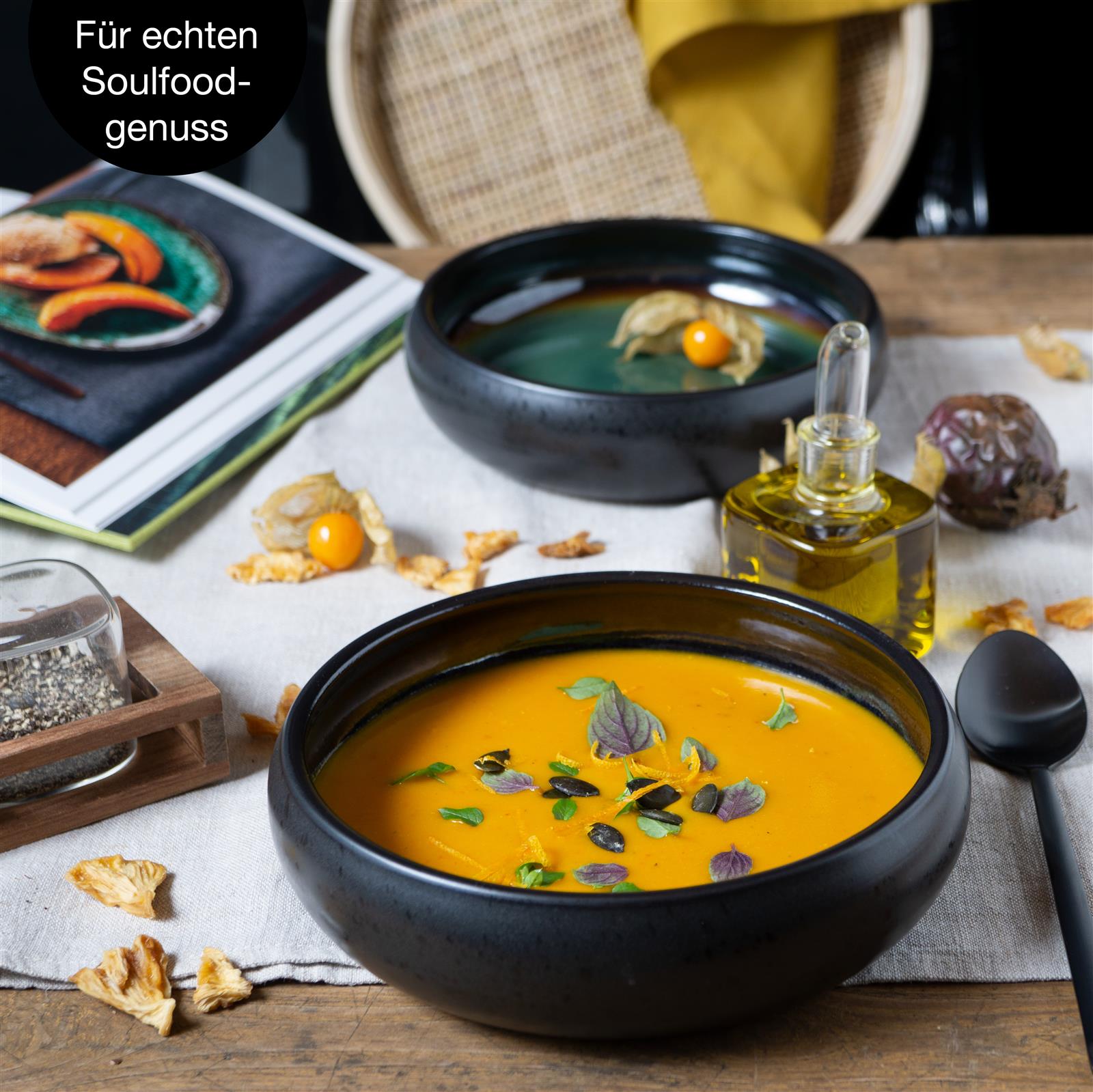 SOLID 4x Suppen Teller grün-Braun Geschirr Set Reaktiv