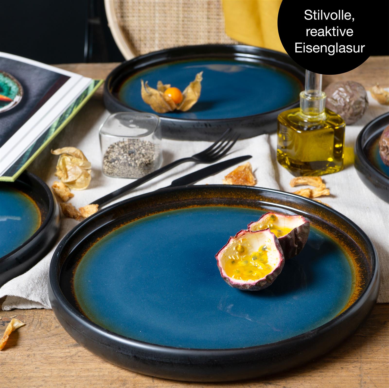 SOLID 4x Dinner Teller blau-Braun Geschirr Set Reaktiv