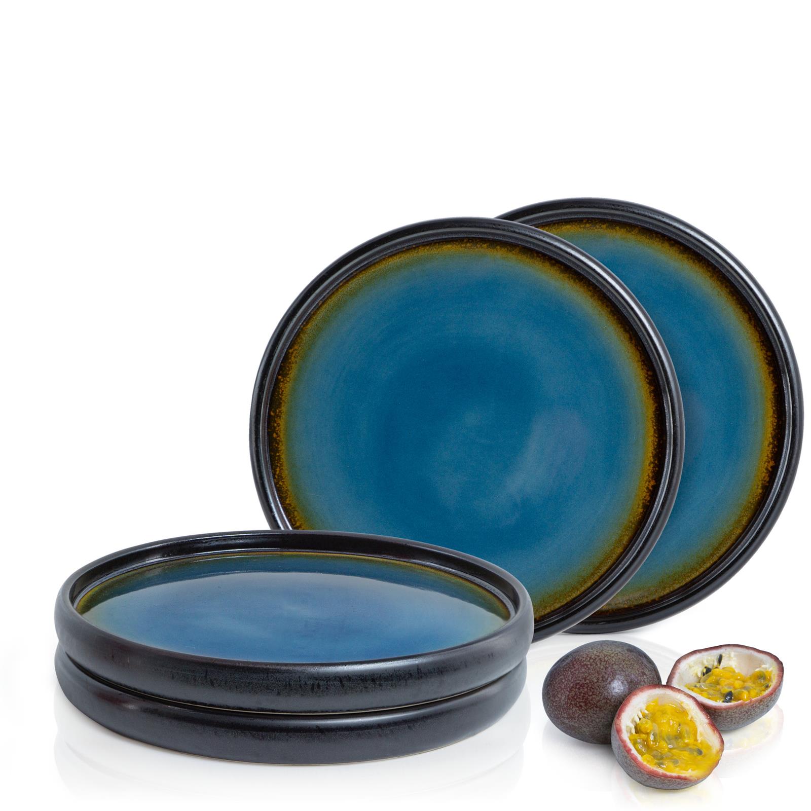 SOLID 4x Dessert Teller blau-Braun Geschirr Set Reaktiv