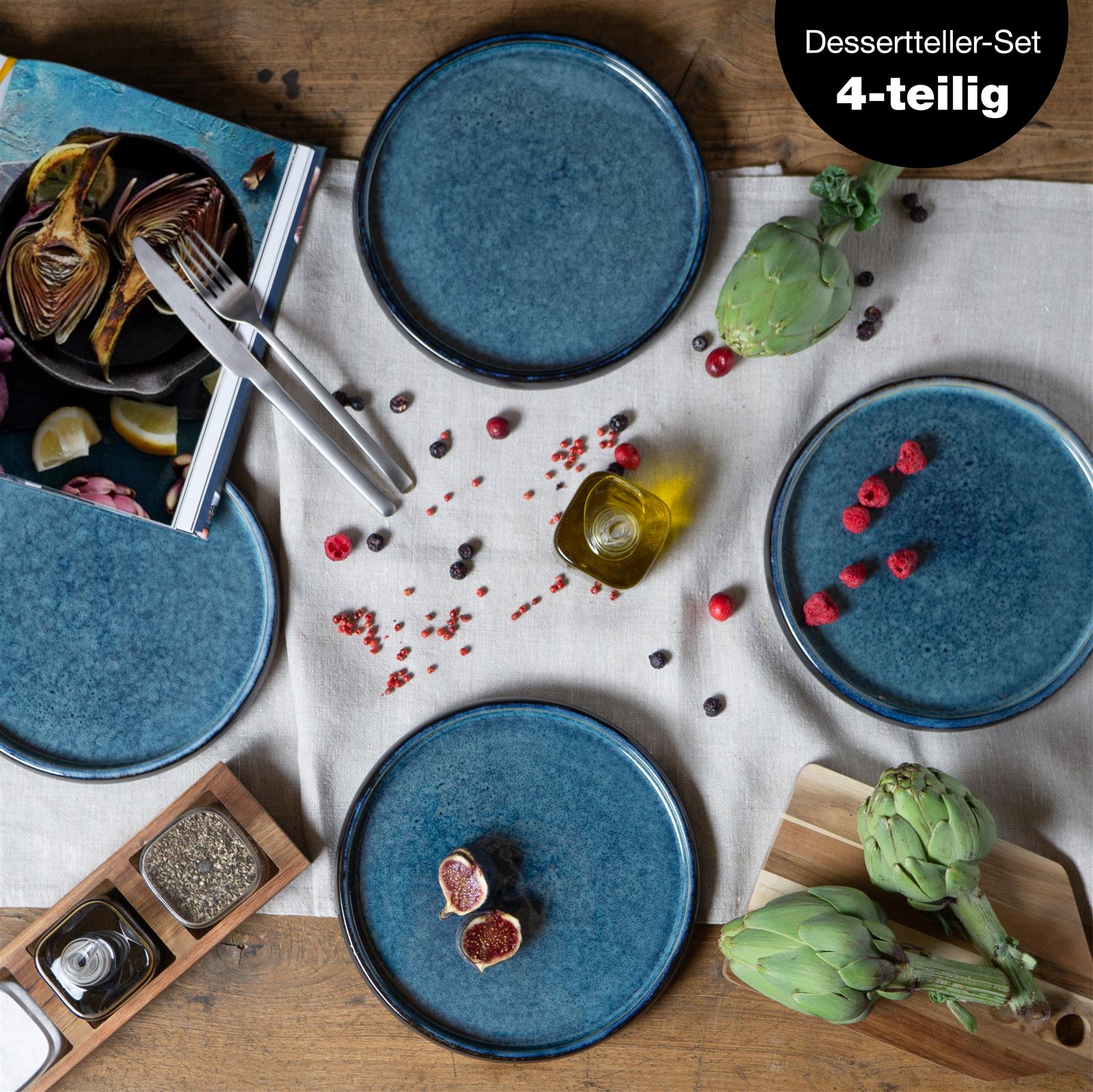 SOLID 4x Dessert Teller blau Geschirr Set Reaktiv
