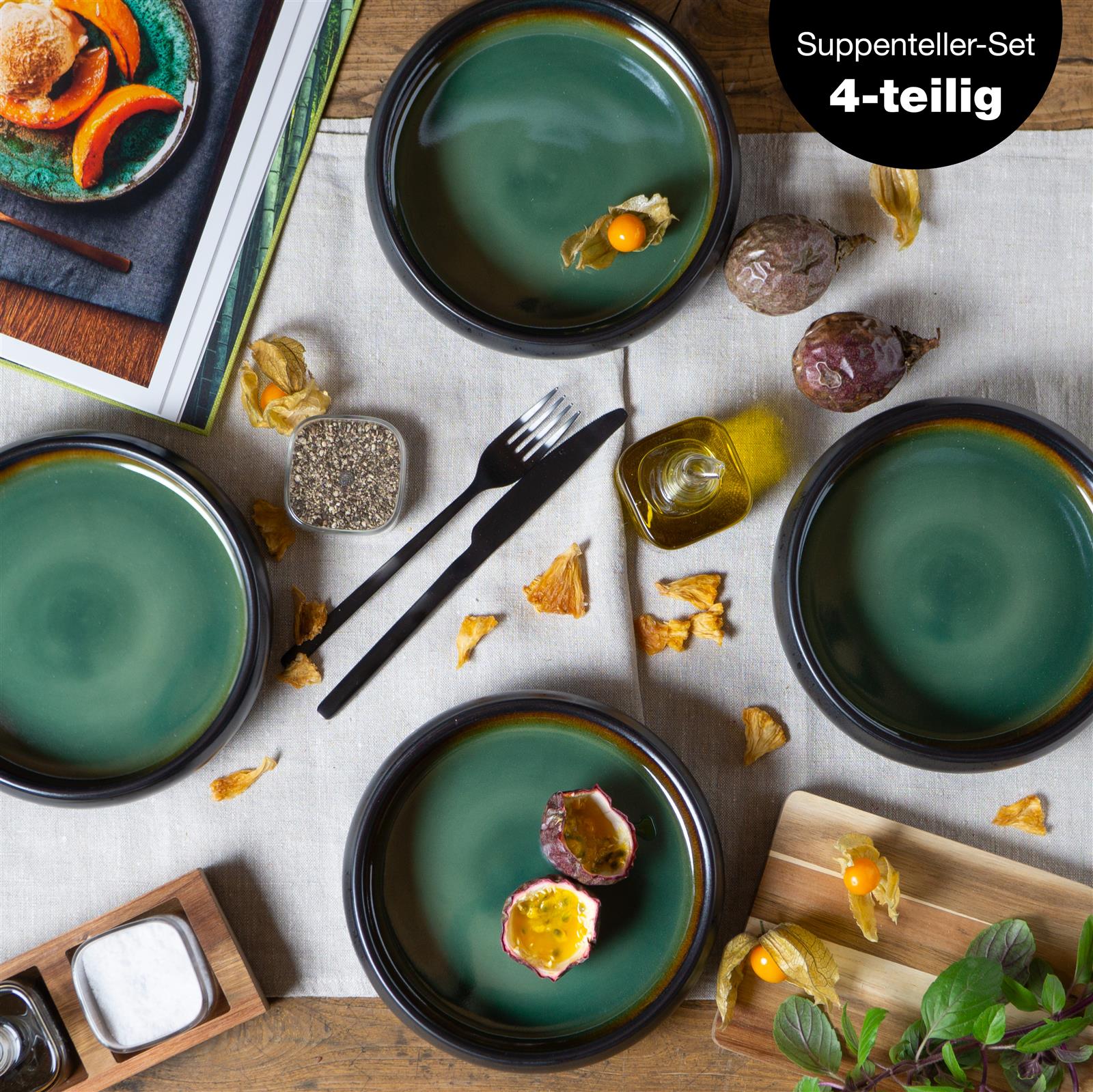 SOLID 4x Suppen Teller grün-Braun Geschirr Set Reaktiv