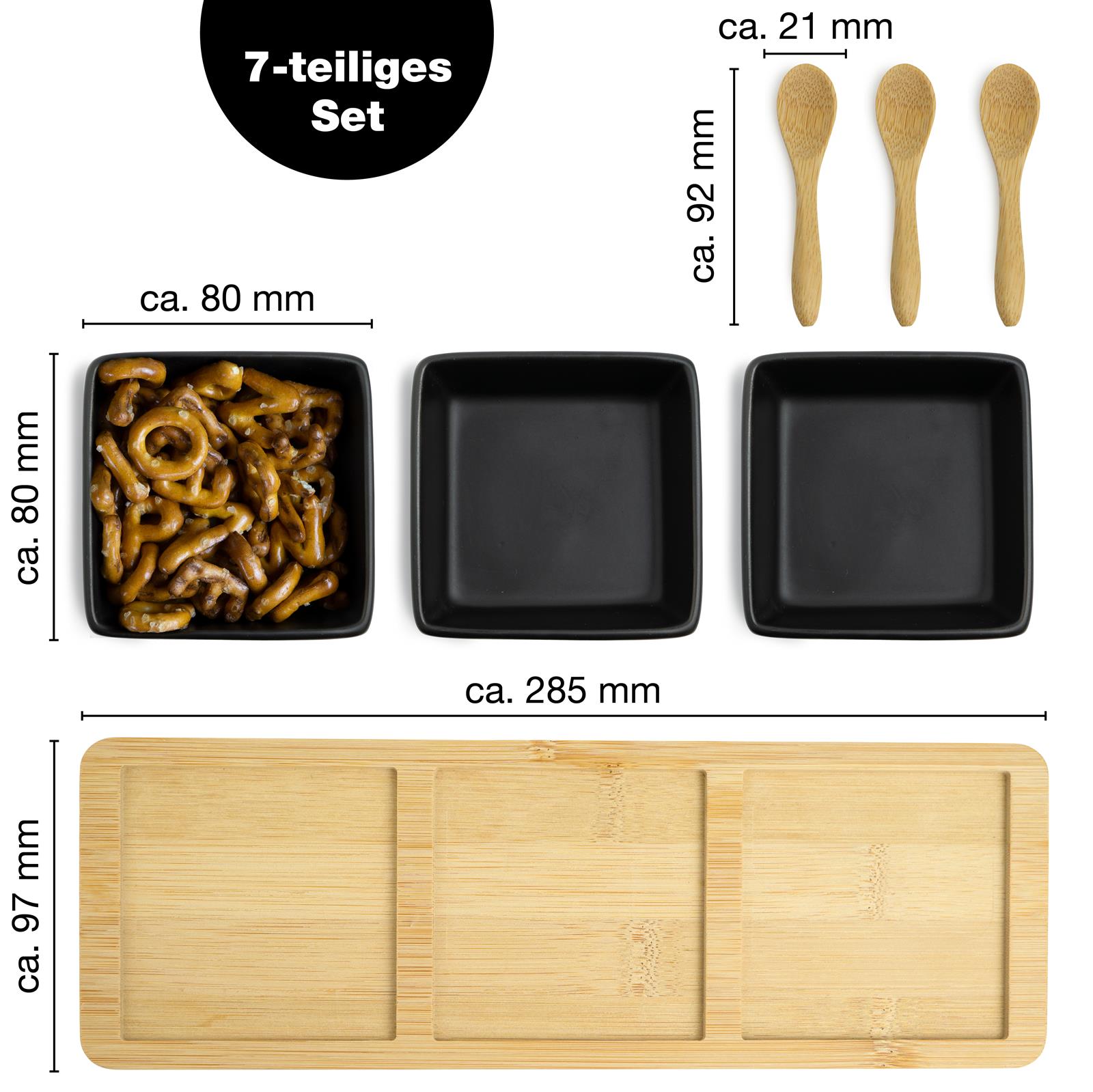 Servierset Curry – Bambus Brettchen mit 3 schwarzen Schalen eckig
