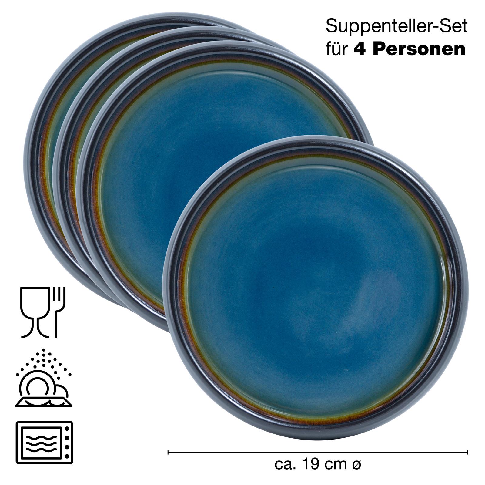 SOLID 4x Suppen Teller blau-Braun Geschirr Set Reaktiv