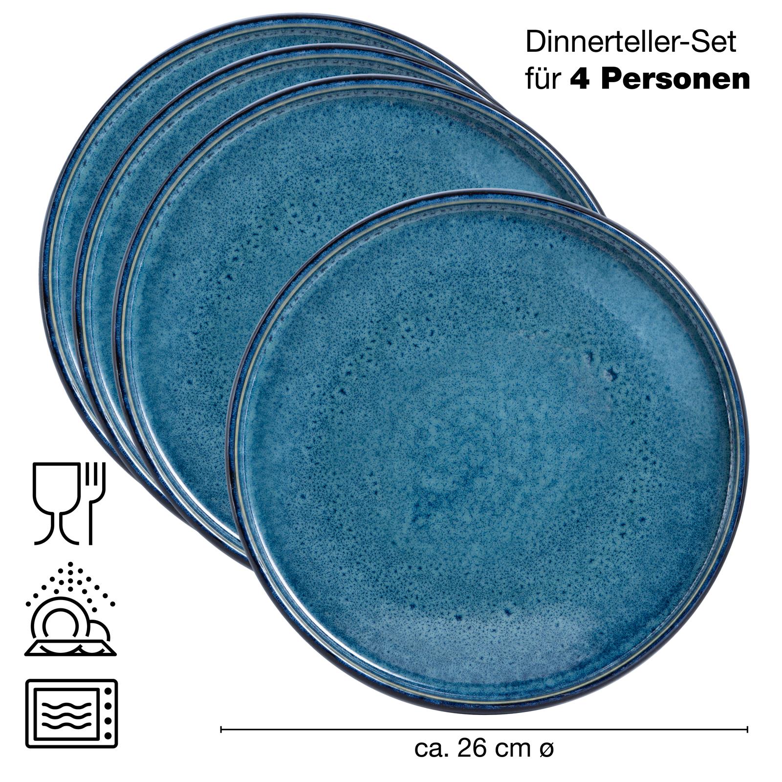 SOLID 4x Dinner Teller blau Geschirr Set Reaktiv