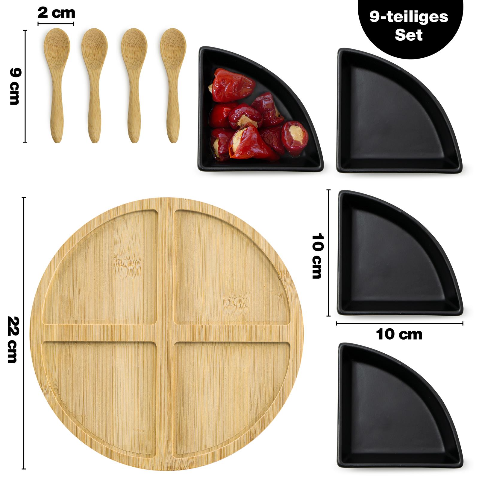 Schieferset Ginger – Bambus Brettchen mit 4 schwarzen Schalen rund