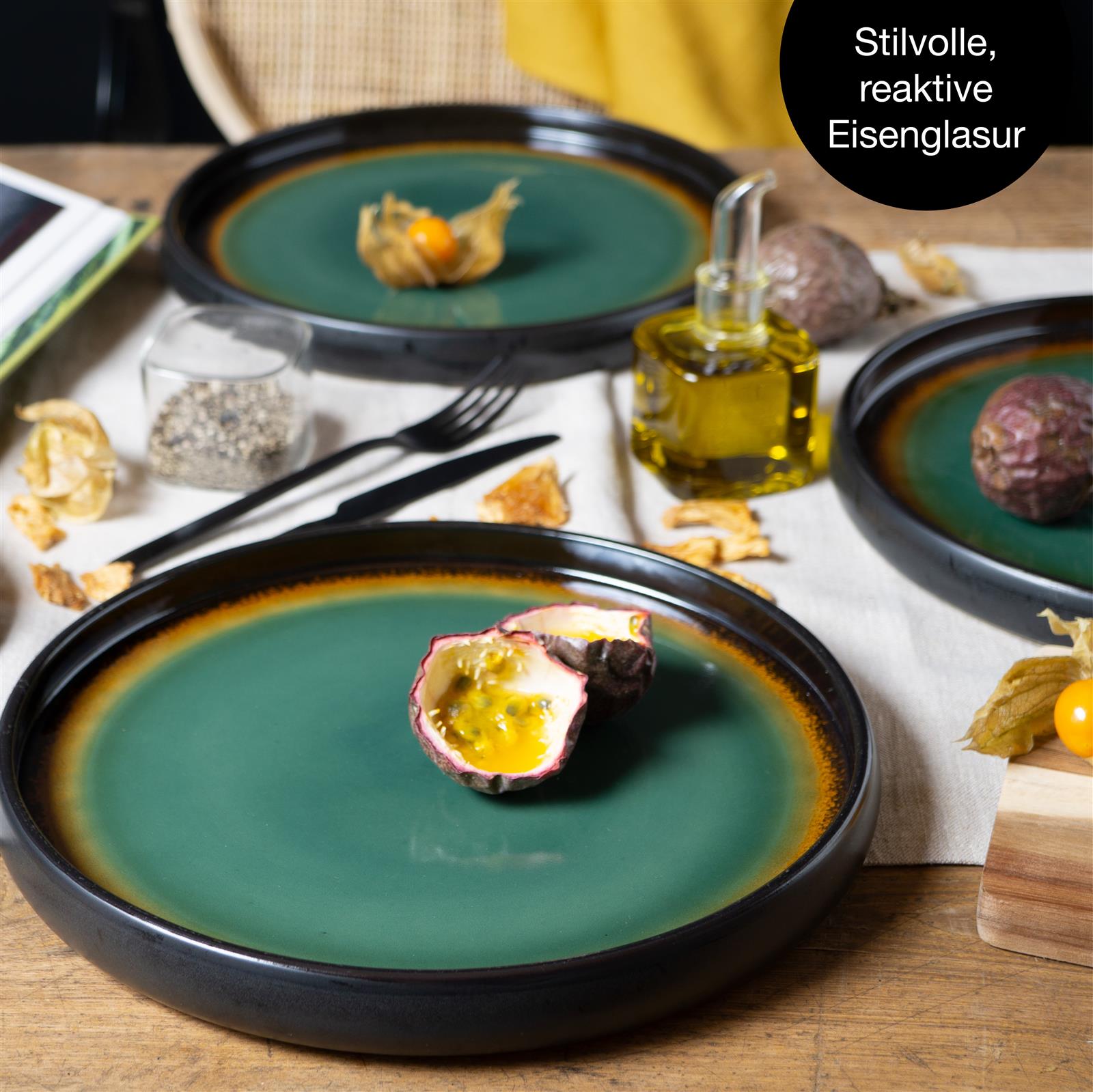 SOLID 4x Dinner Teller grün-Braun Geschirr Set Reaktiv