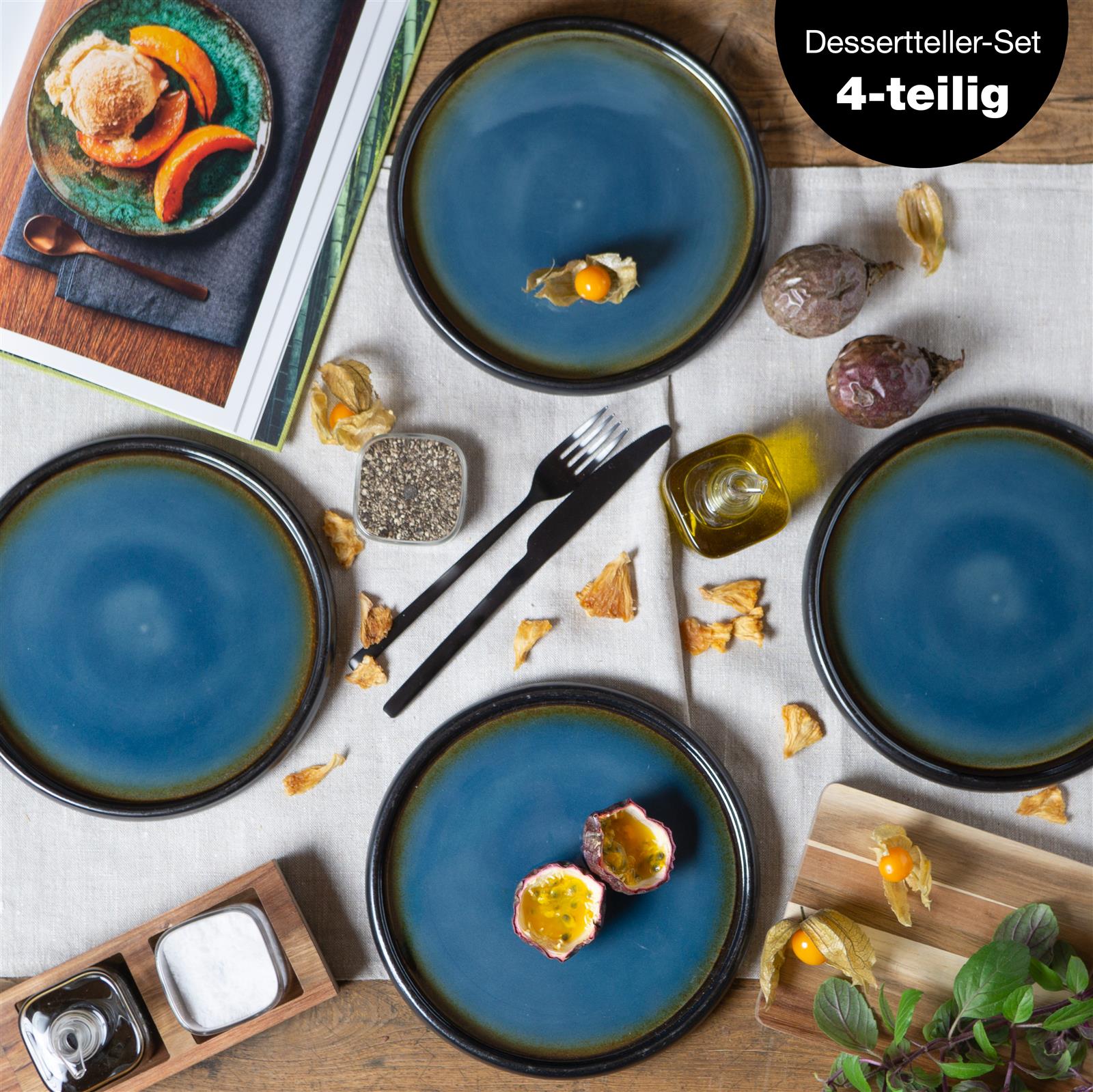SOLID 4x Dessert Teller blau-Braun Geschirr Set Reaktiv