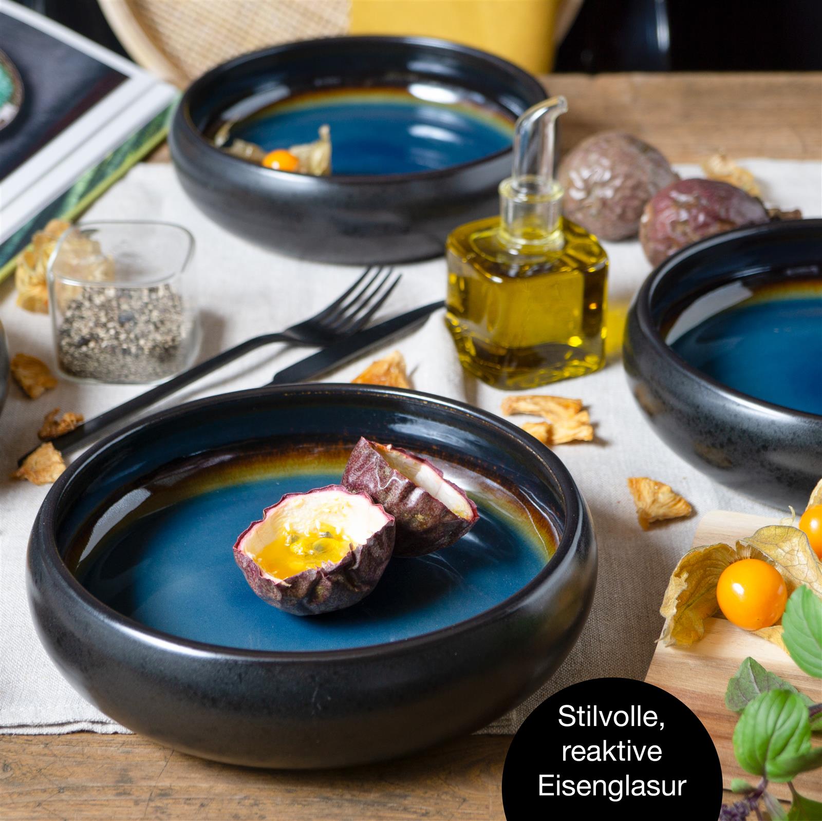 SOLID 4x Suppen Teller blau-Braun Geschirr Set Reaktiv