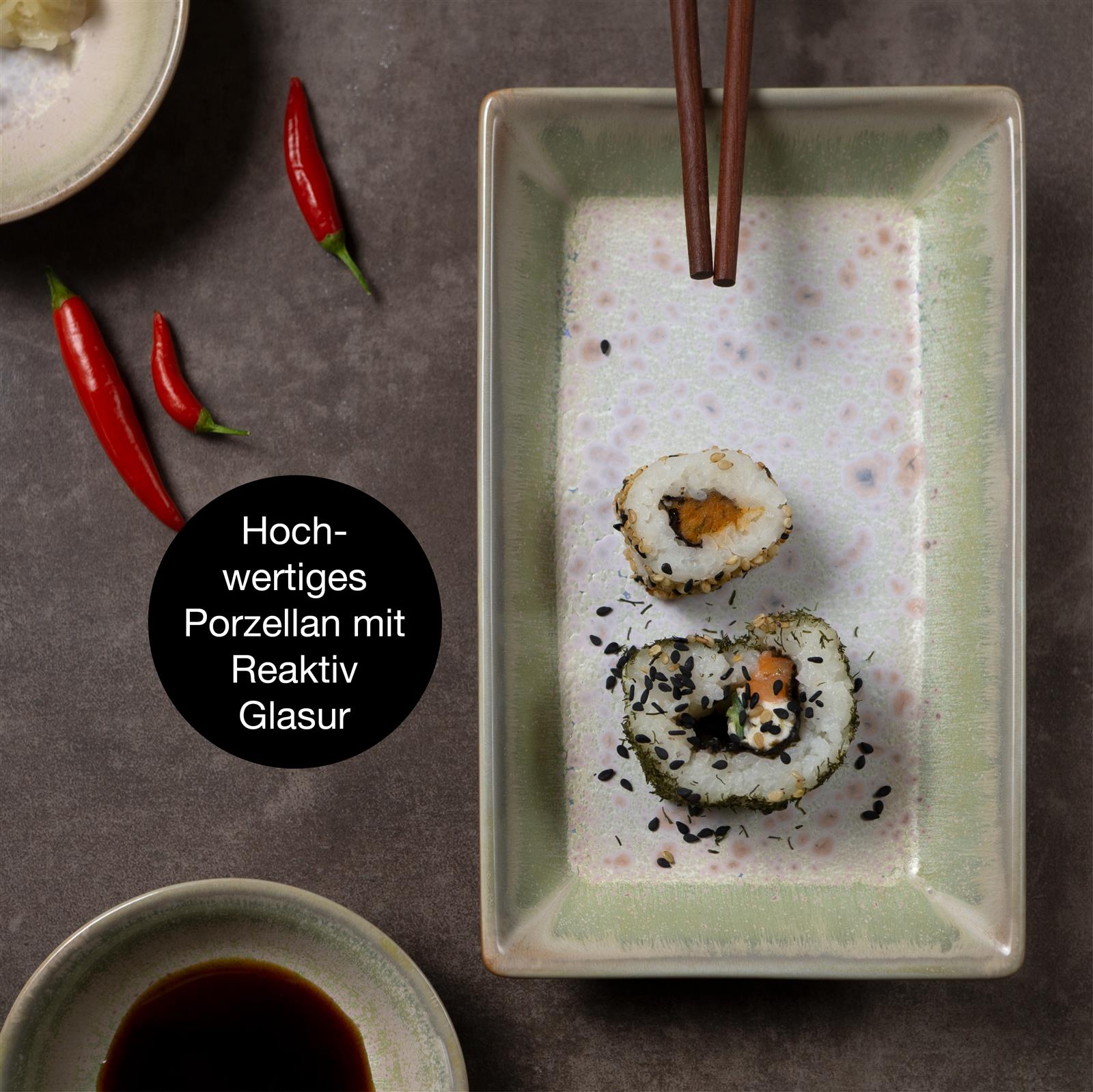 4x Sushi Teller beige-Lila Asia Geschirr Set Reaktiv