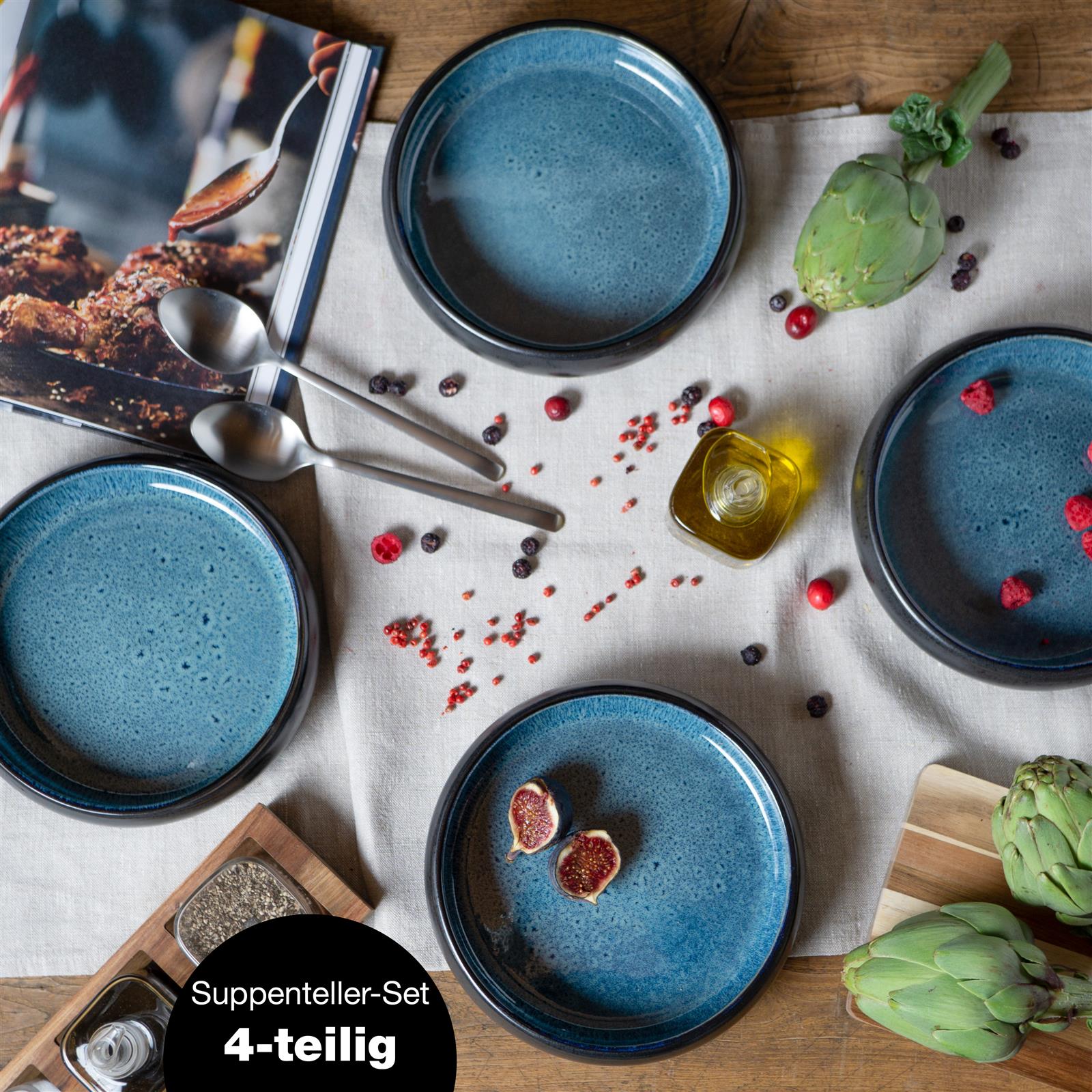 SOLID 4x Suppen Teller blau Geschirr Set Reaktiv